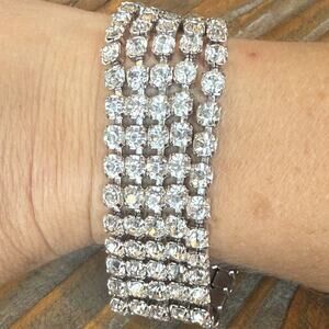 Vintage 5 Strand Clear Rhinestone 1” Wide 7” Bracelet Rhodium Plated